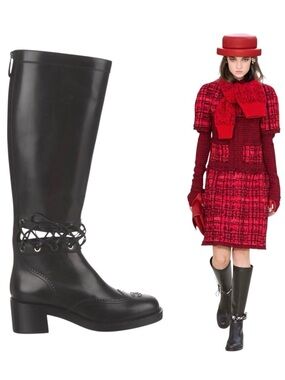 CHANEL RUNWAY First Black Calfskin Leather Corset CC Tall Riding Boot Fall 2016